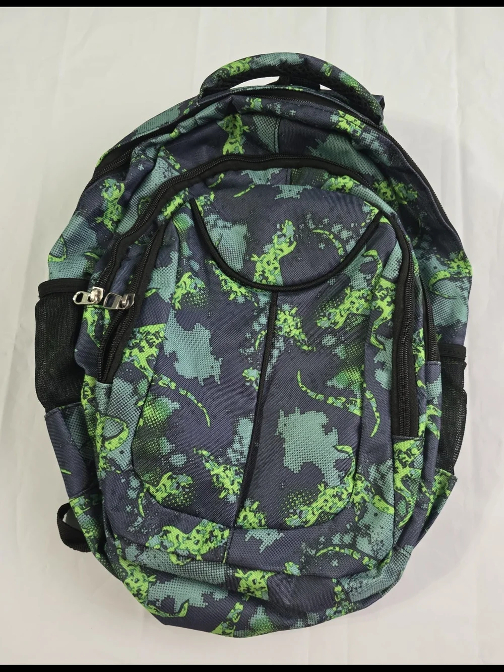 Dinosaur Print Kids Backpack Blue/Green Polyester Zip Padded w/ Outer Pockets